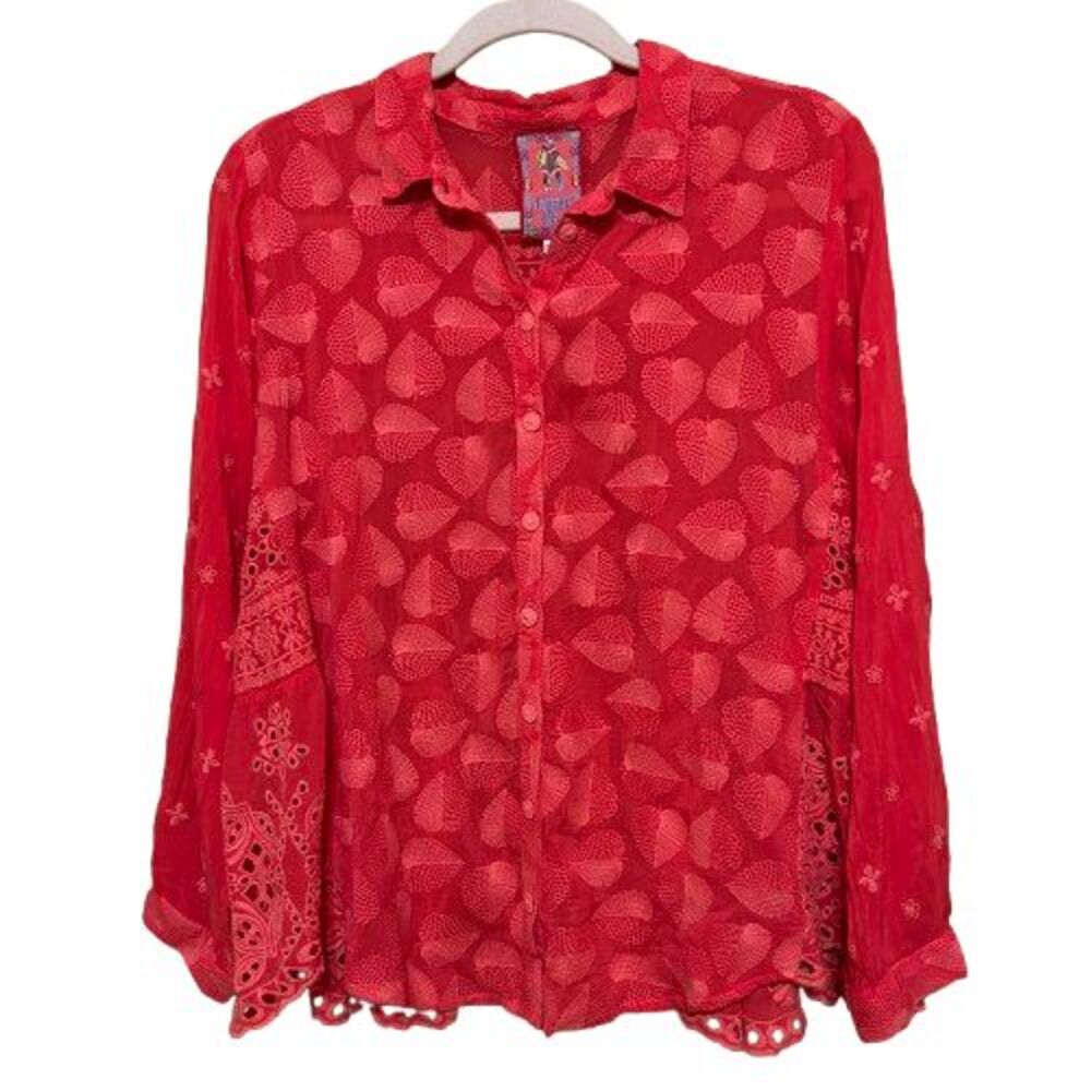 Johnny Was Red Pine Desi Embroidered Eyelet Tunic Button Up Women MP Petite FLAW